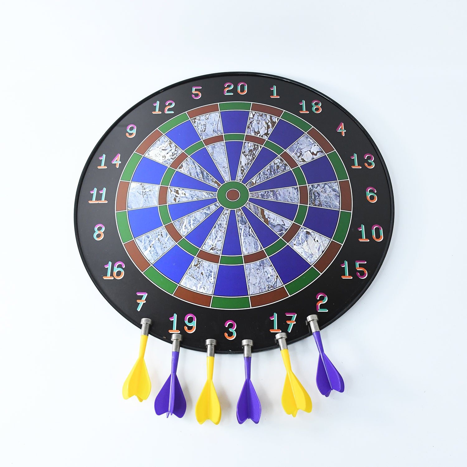 Wukusy magnetic dart board game set with six soft-tip darts, featuring colorful target areas and a sturdy playing surface.