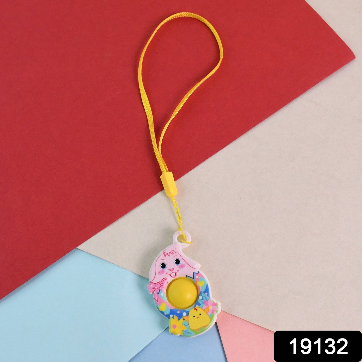 Mini cartoon chick-shaped push pop fidget toy with hanging strap by Wukusy, colorful and squeezable for stress relief and fun.