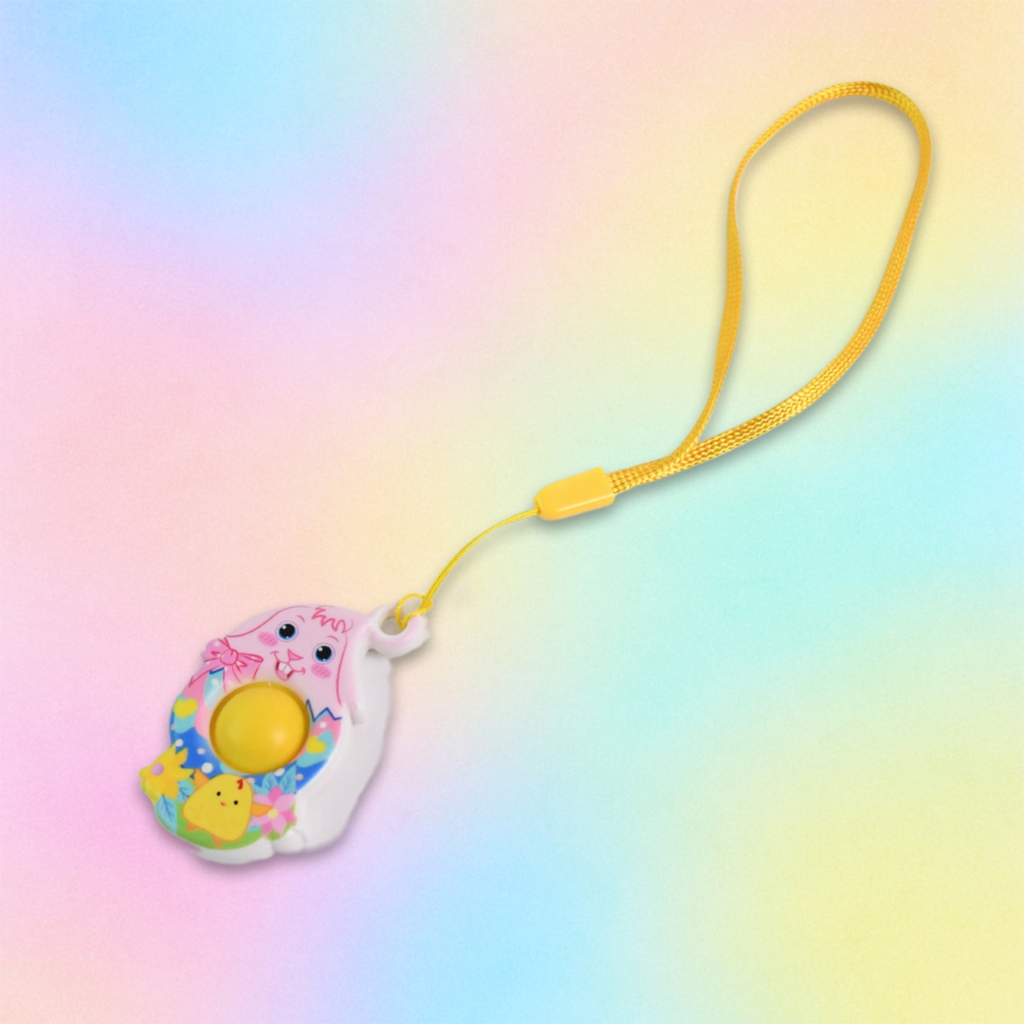 Mini Cartoon Chick Push Pop Fidget Toy with hanging strap, colorful and playful sensory toy by Wukusy for kids.