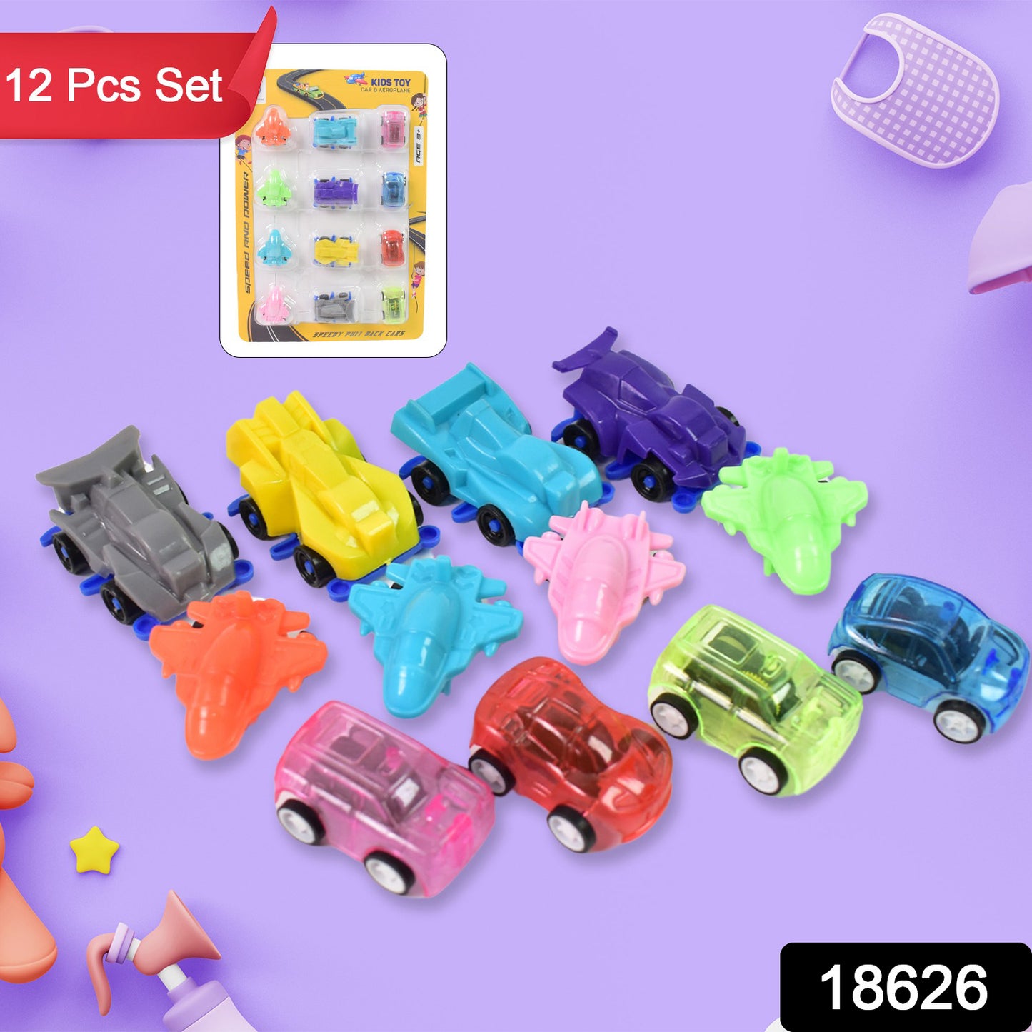 Set of 12 Wukusy mini pull back toy cars and aeroplanes, colorful plastic cartoon vehicles for kids' play.