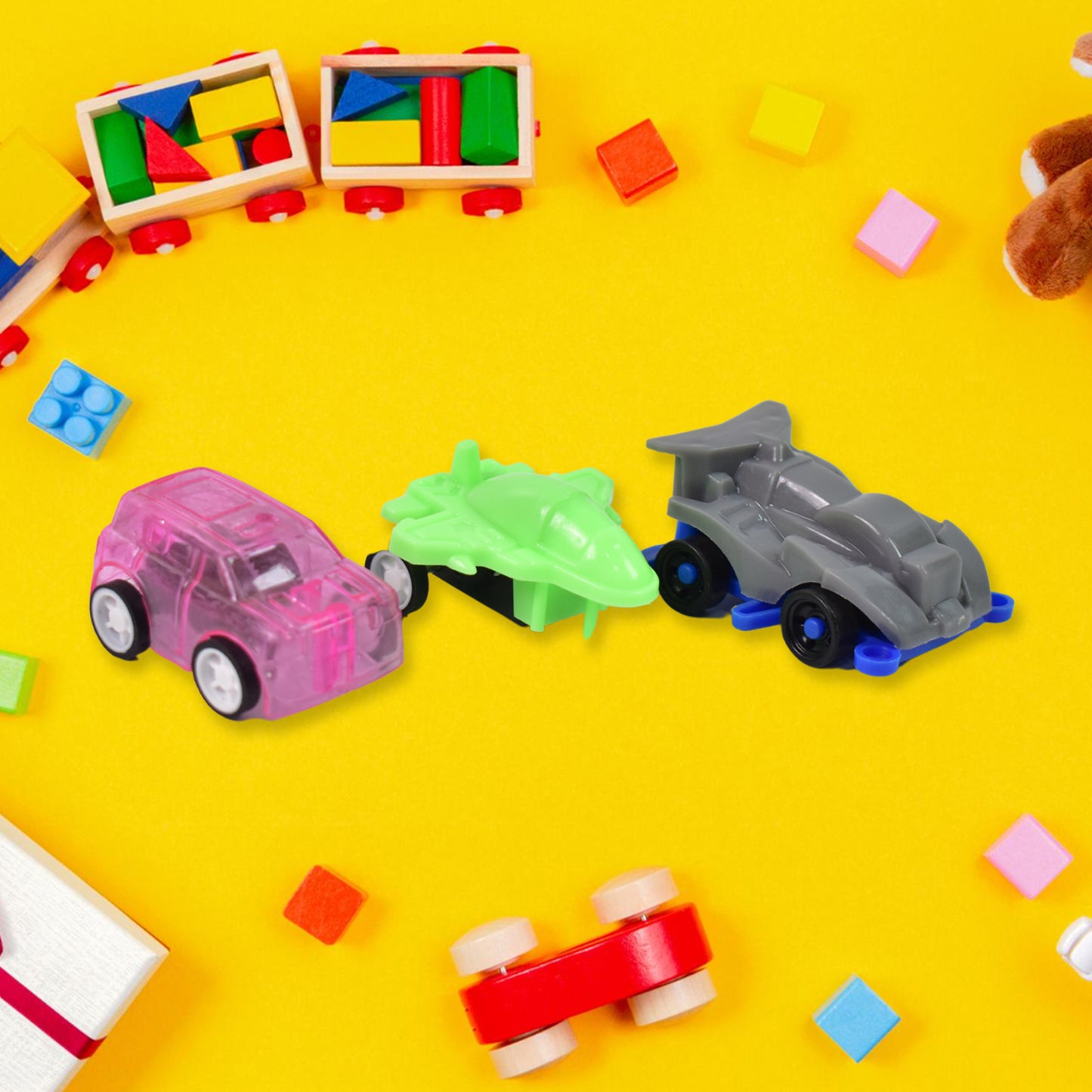 Set of 12 Wukusy mini pull back cars and aeroplanes, plastic cartoon toy vehicles for kids, colorful and playful design.