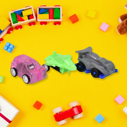 Set of 12 Wukusy mini pull back cars and aeroplanes, plastic cartoon toy vehicles for kids, colorful and playful design.