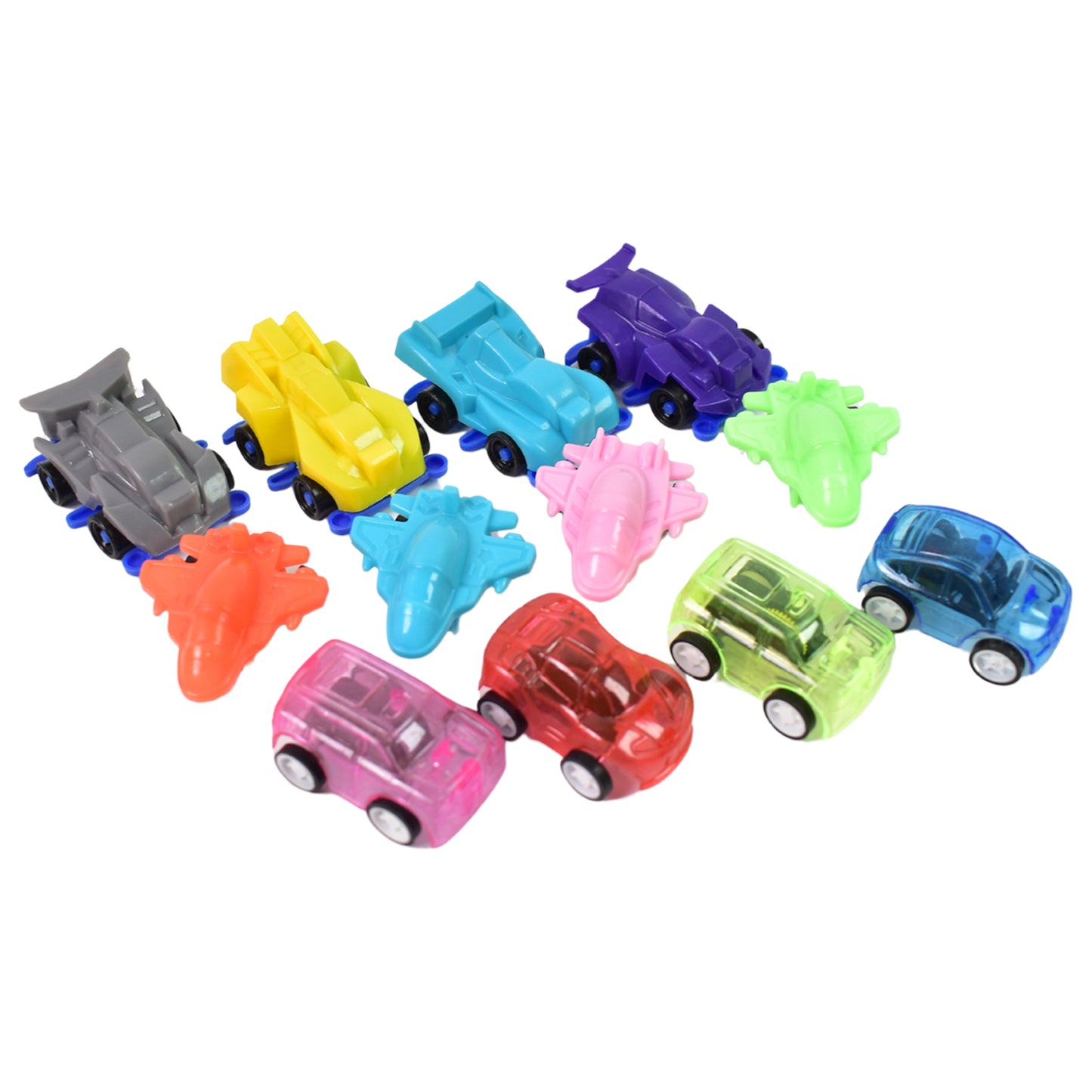 Set of 12 Wukusy mini pull back cars and aeroplanes, colorful plastic cartoon toys for kids, including cars and airplane models.