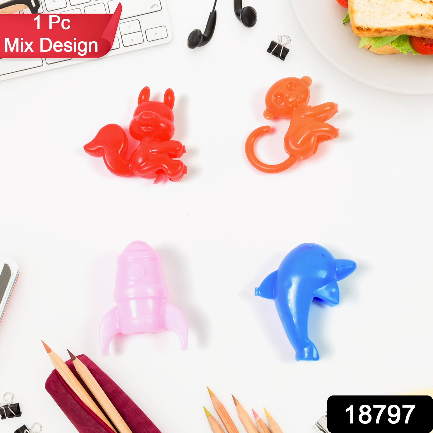 Wukusy mix character monkey, fish, and cat pencil top toy in various colors, designed as promotional toys for kids and stationery.