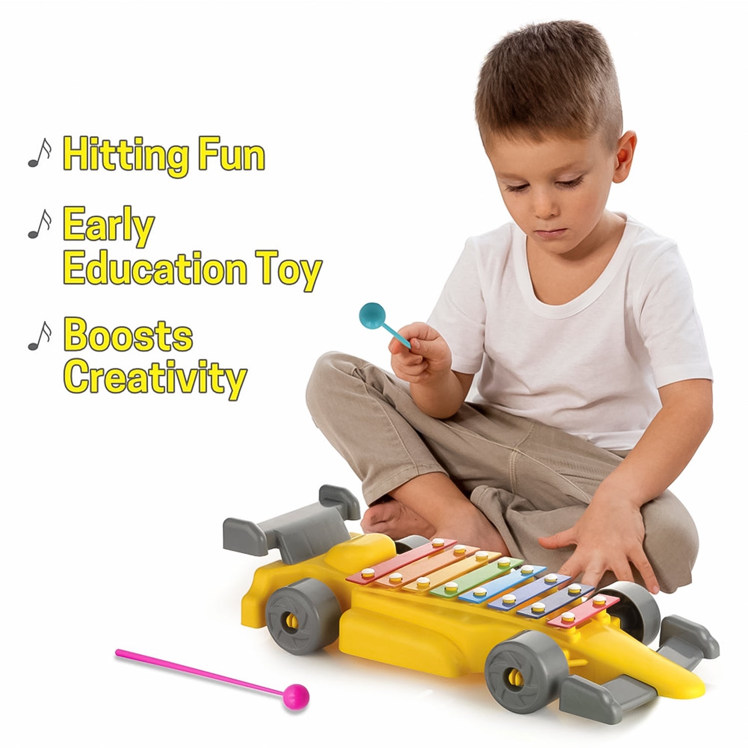 Wukusy musical car piano xylophone toy set featuring colorful plastic car-shaped xylophone with musical keys for children