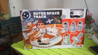 Wukusy outer space race track set for kids toys with colorful space-themed race cars and track pieces on a play mat.