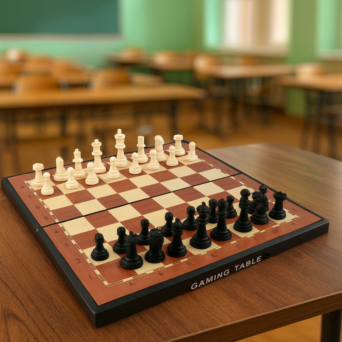 Wukusy premium portable chess set with plastic chess pieces, compact travel-friendly toy for chess enthusiasts.