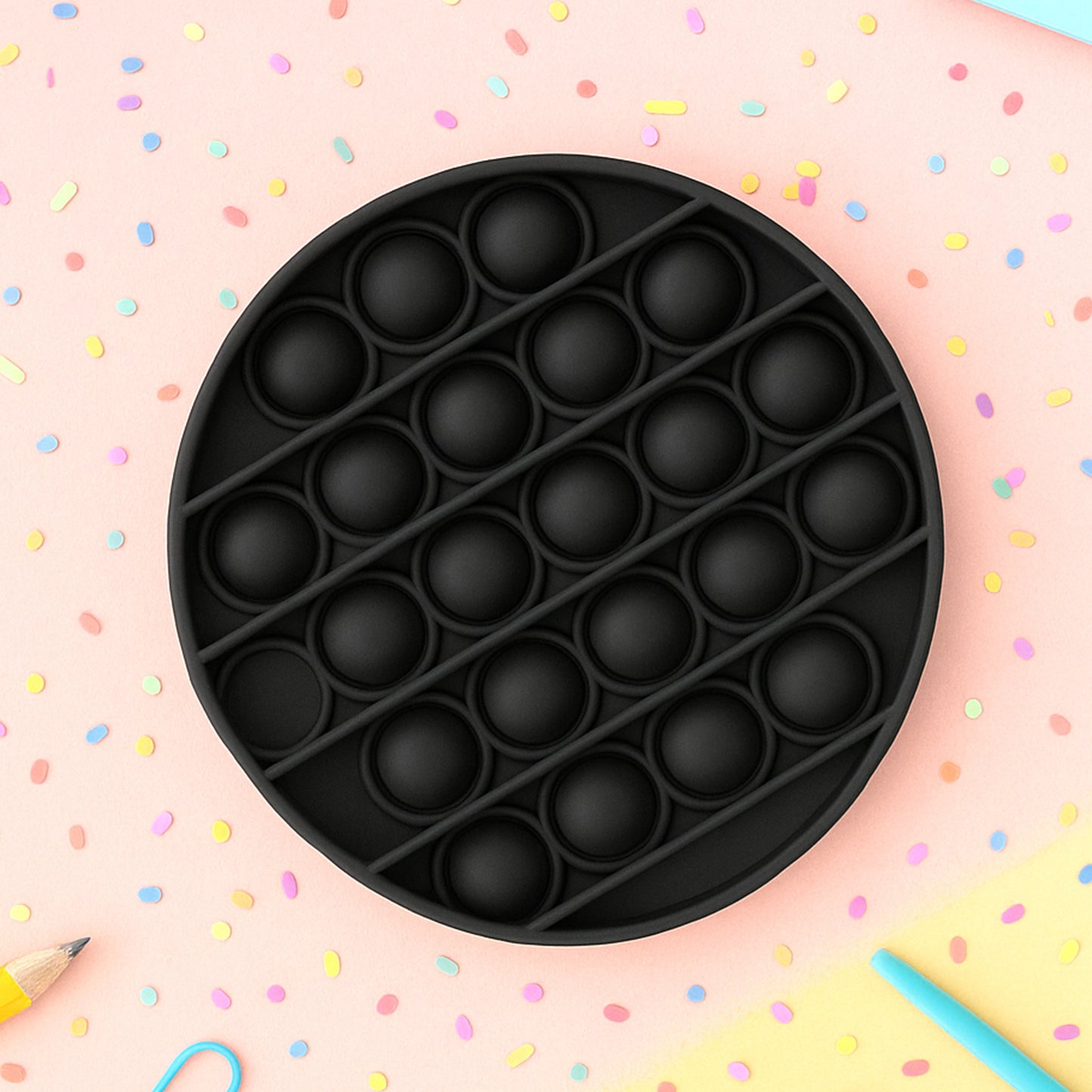 Wukusy Premium Round Shape Silicone Pop It Fidget Toy, colorful, soft silicone with bubbles for stress relief and sensory fun.