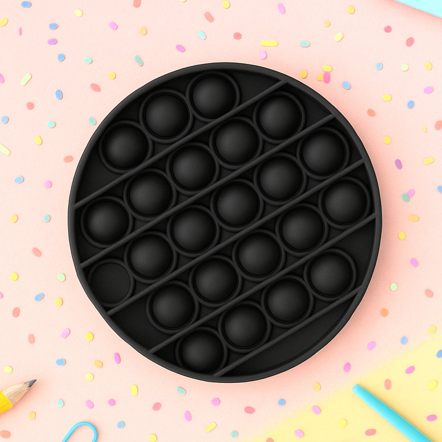 Wukusy Premium Round Shape Silicone Pop It Fidget Toy, colorful, soft silicone with bubbles for stress relief and sensory fun.