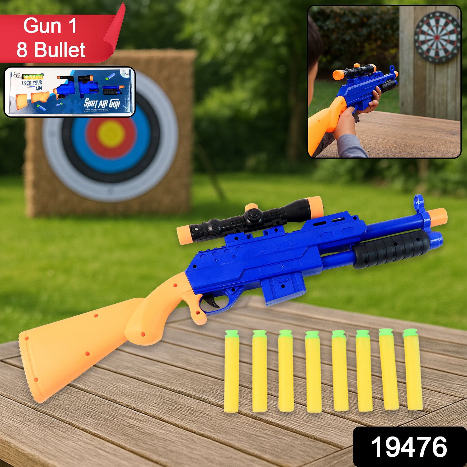 Wukusy toy air gun with scope and 8 soft foam bullets set, shown with scope attached and foam bullets ready for play