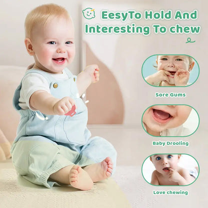 Wukusy silicone baby teether pack with colorful mix of designs, soft and safe for soothing infants' gums.