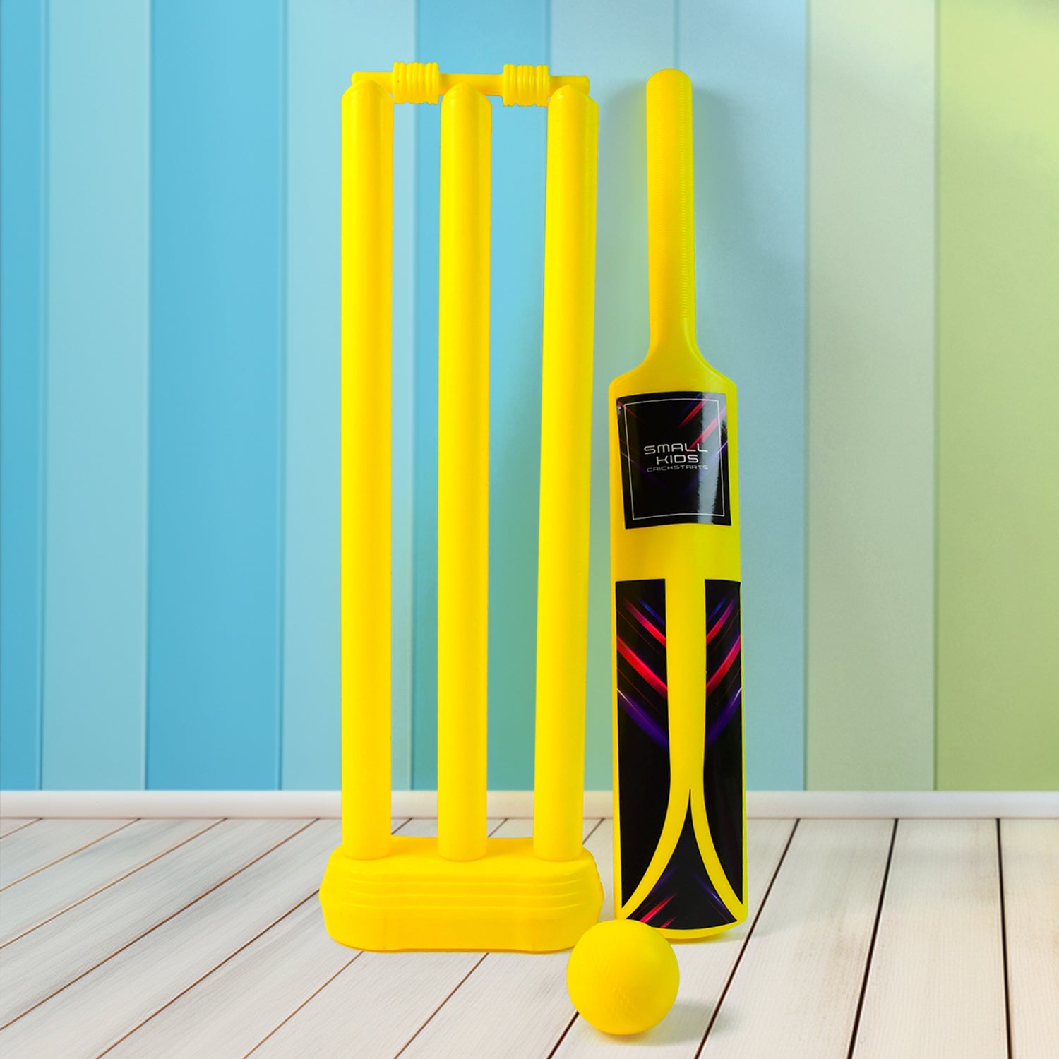 Wukusy small cricket toy set for boys and girls with cricket bat, plastic ball, bails, three stumps, and stand base.