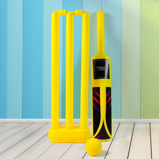 Wukusy small cricket toy set for boys and girls with cricket bat, plastic ball, bails, three stumps, and stand base.
