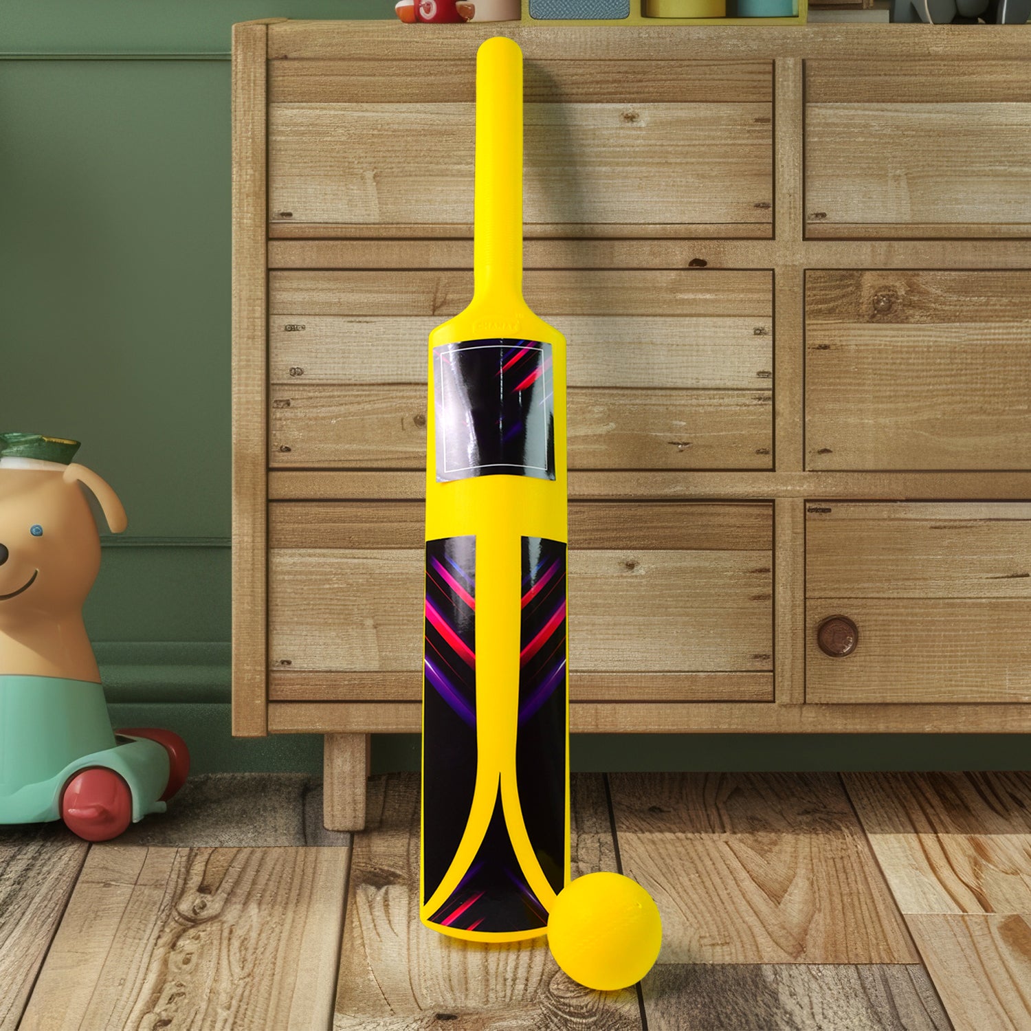 Wukusy small cricket toy set for boys and girls with cricket bat, plastic ball, bails, three stumps, and stand base.