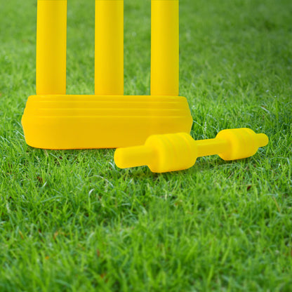 Wukusy small cricket kit for kids with cricket bat, plastic ball, bails, three stumps, and stand base for outdoor play.