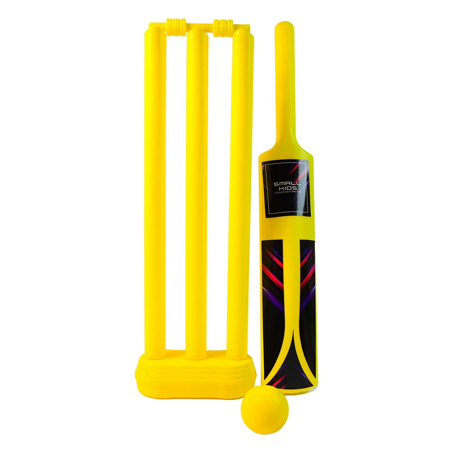 Wukusy small cricket set for boys and girls with cricket bat, plastic ball, bails, three stumps, and stand base.