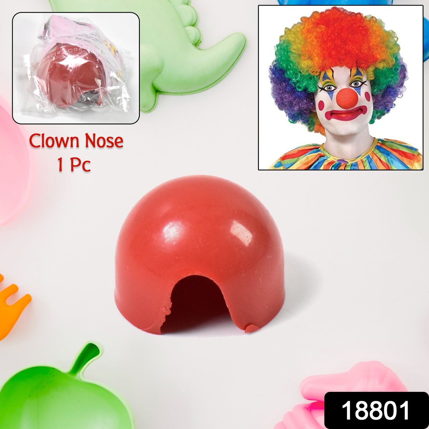 Small plastic Joker clown nose toy by Wukusy, featuring a mix of bright colors, perfect for costumes and playful dress-up fun.