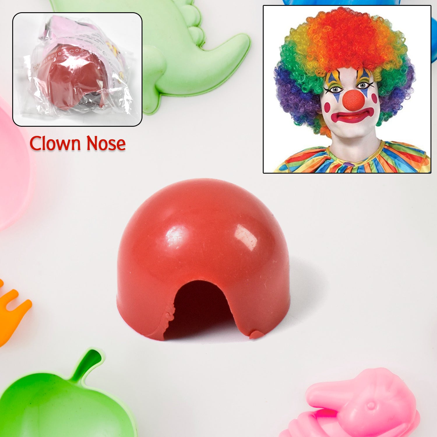 Small plastic Joker clown nose toy by Wukusy, featuring a mix of bright colors, perfect for dress-up and costume play.