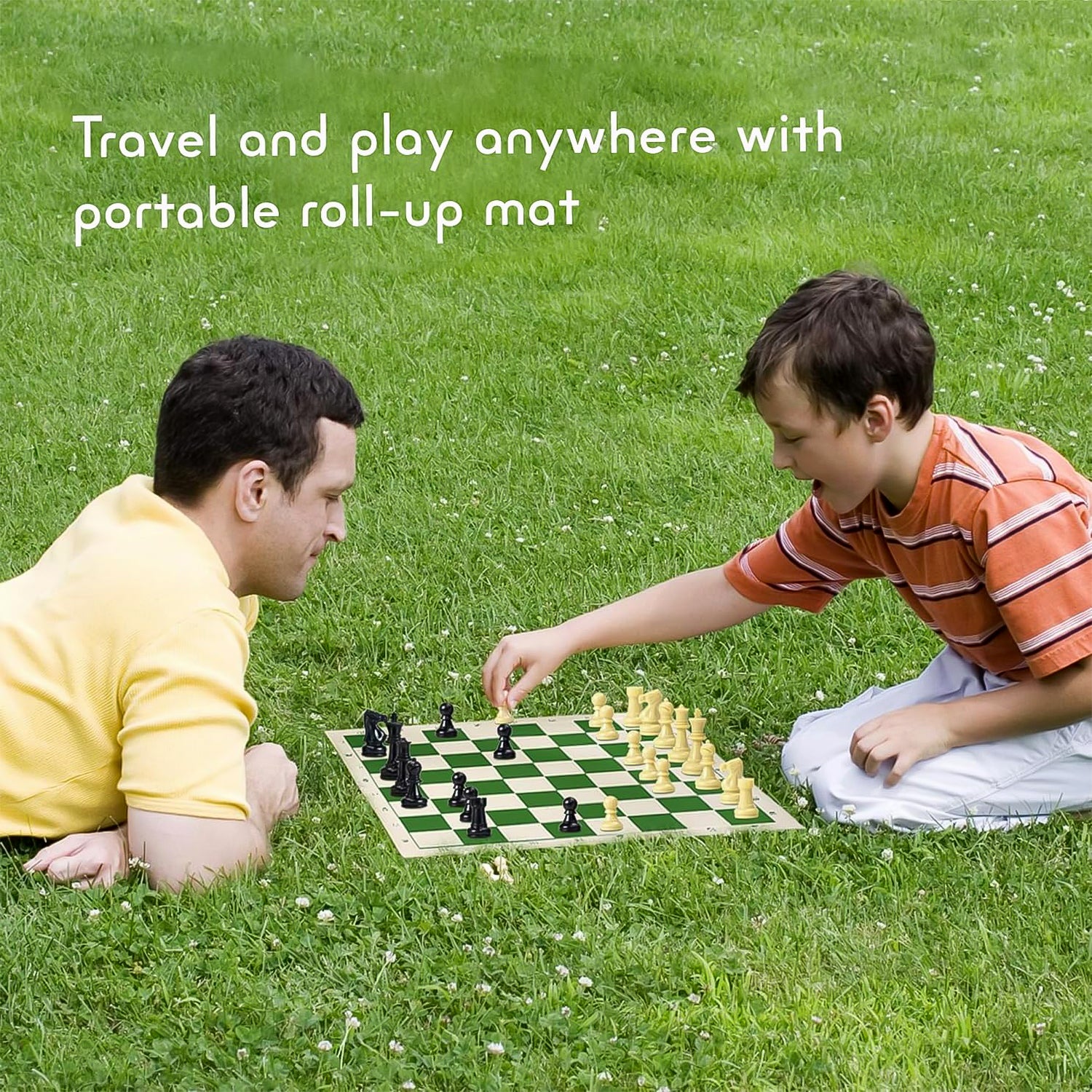 Small portable Wukusy plastic chess set with chess pieces, perfect for travel and play. Compact and durable design.