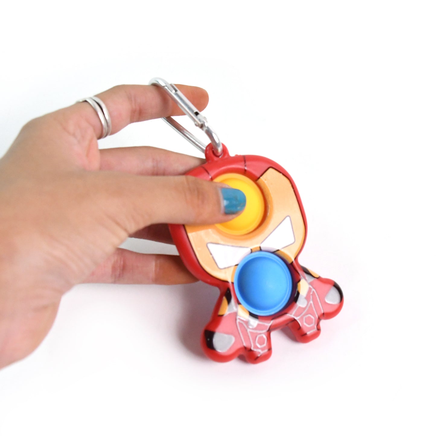 Superhero Iron Man shape keychain Pop It toy by Wukusy featuring colorful silicone bubbles for sensory fun.
