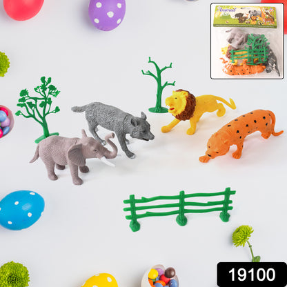 Wukusy small wild animal toy set for kids, includes four colorful animal figures like lions, elephants, and zebras.