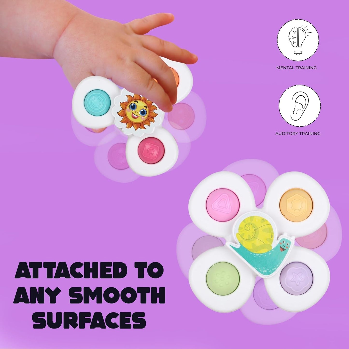 White baby spinner toy set by Wukusy, featuring three sensory suction spin toys for infants and toddlers.