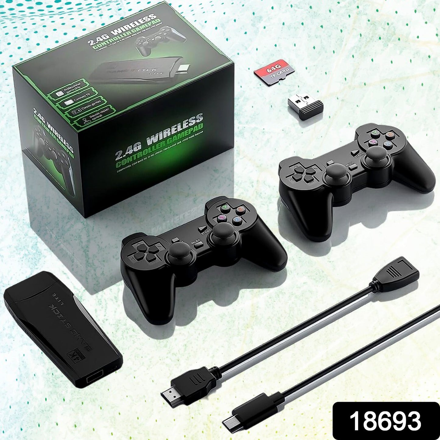 Wukusy wireless game controller with 10,000+ games, 4K HD sticks, 2.4GHz wireless, and 64GB memory card for video gaming.