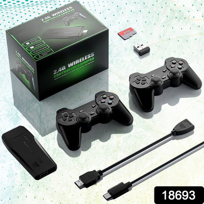 Wukusy wireless game controller with 10,000+ games, 4K HD sticks, 2.4GHz wireless, and 64GB memory card for video gaming.