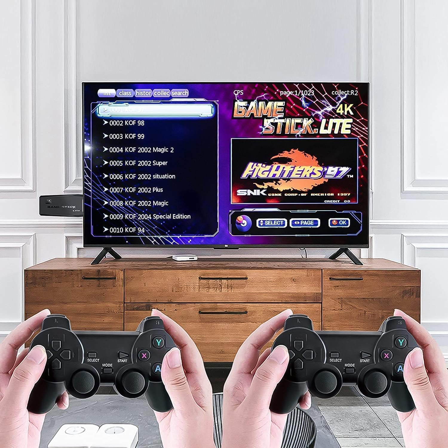 Wukusy wireless game controller with 10,000+ games, 4K HD game sticks, 2.4GHz wireless, and 64GB memory card for video gaming.