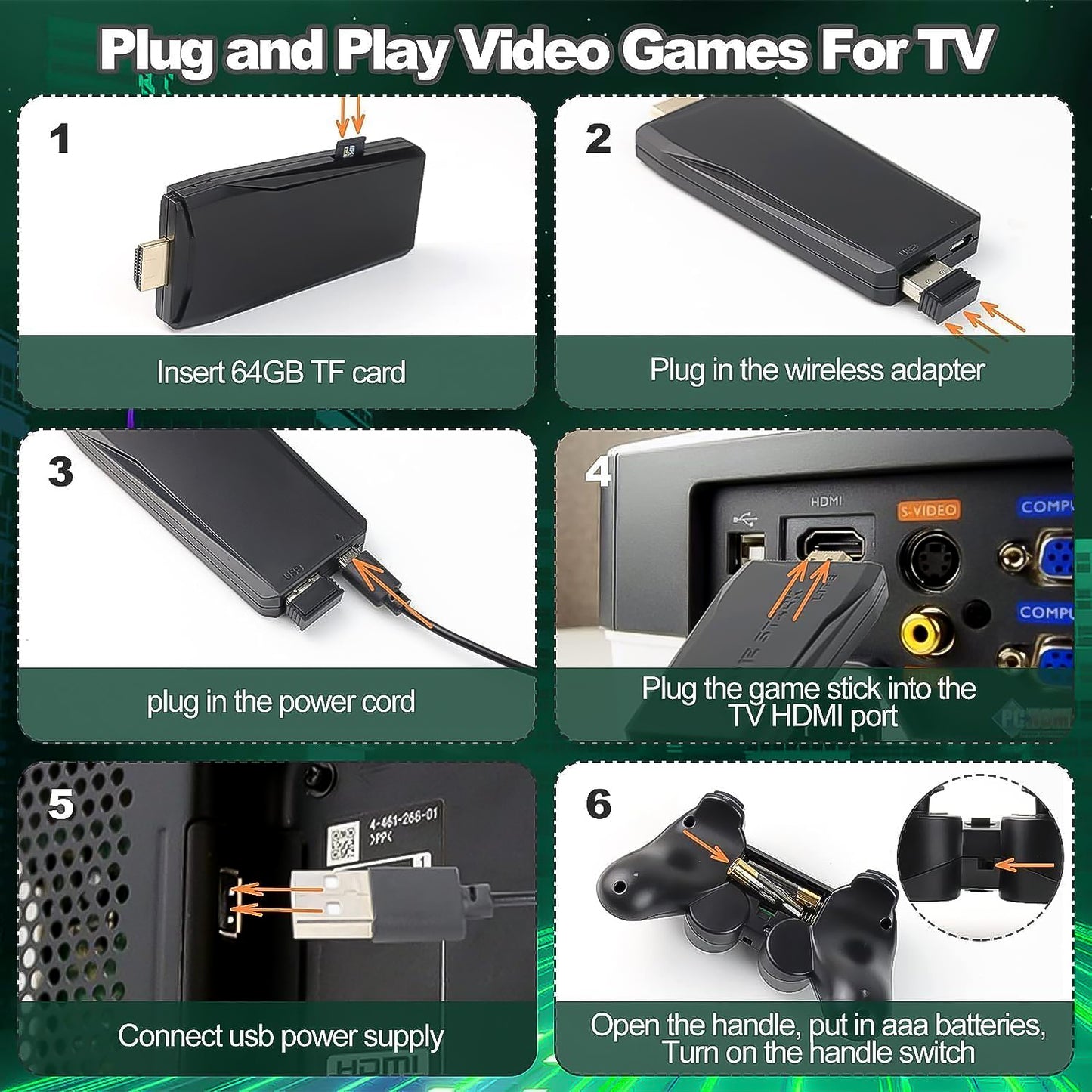 Wukusy wireless gamepad controller with 10000+ games, 4K HD sticks, 2.4GHz wireless, and 64GB memory card for video gaming.