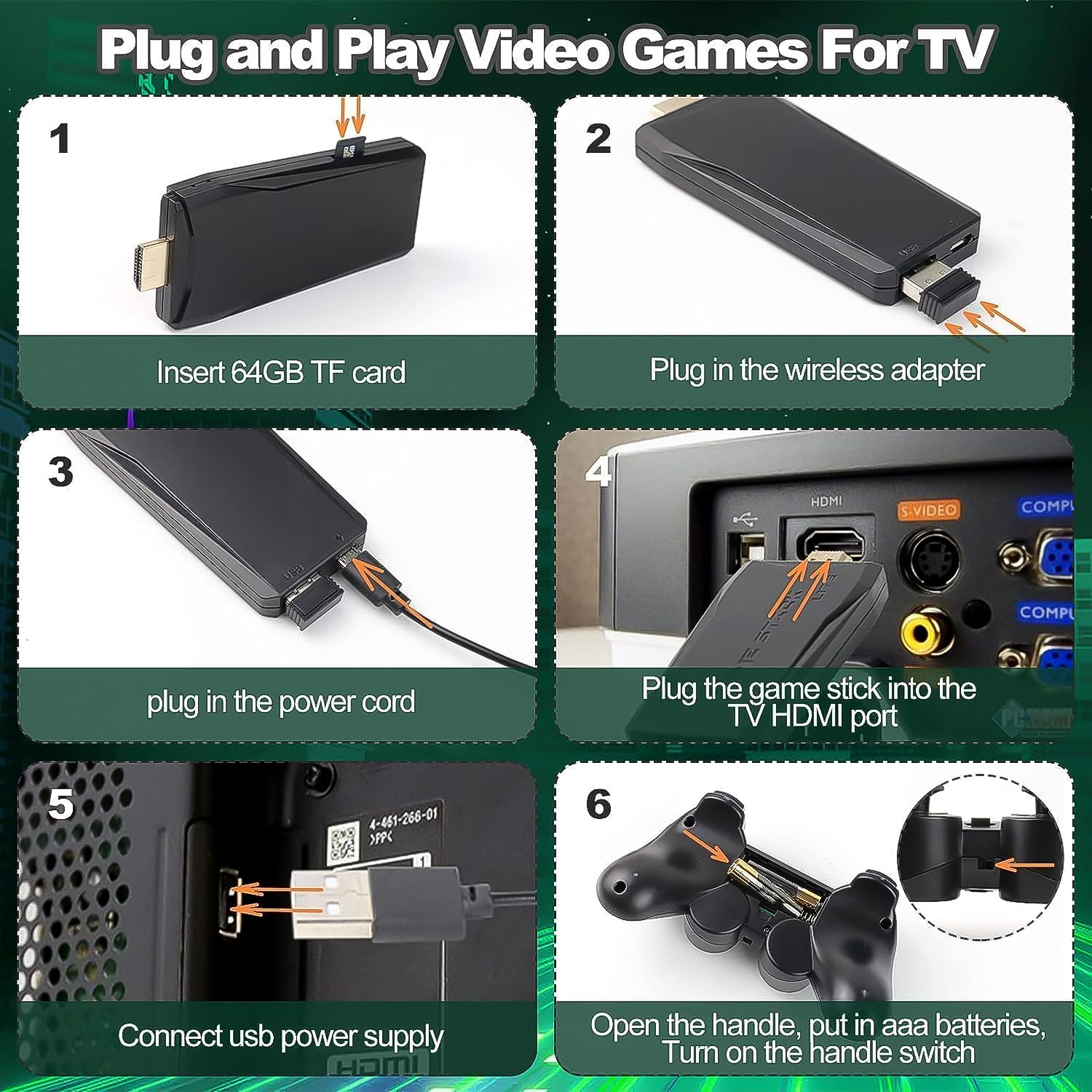 Wukusy wireless gamepad controller with 10000+ games, 4K HD sticks, 2.4GHz wireless, and 64GB memory card for video gaming.