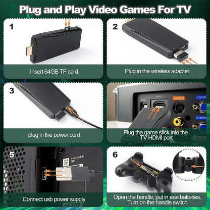 Wukusy wireless gamepad controller with 10000+ games, 4K HD sticks, 2.4GHz wireless, and 64GB memory card for video gaming.