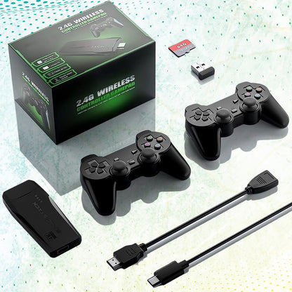 Wukusy wireless game controller with 10,000+ games, 4K HD sticks, 2.4GHz wireless, and 64GB memory card for video gaming.