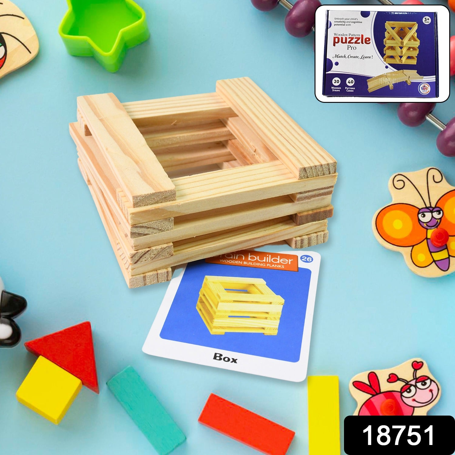Wukusy wooden pattern brain puzzles set with 20 wooden strips and 40 pattern cards, designed for educational and cognitive development.