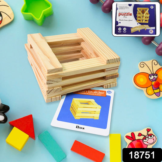 Wukusy wooden pattern brain puzzles set with 20 wooden strips and 40 pattern cards, designed for educational and cognitive development.