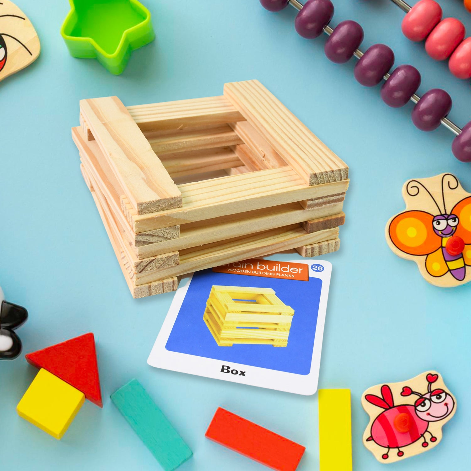Wukusy wooden pattern brain puzzles set with 20 wooden strips and 40 pattern cards for kids' educational toy activity.