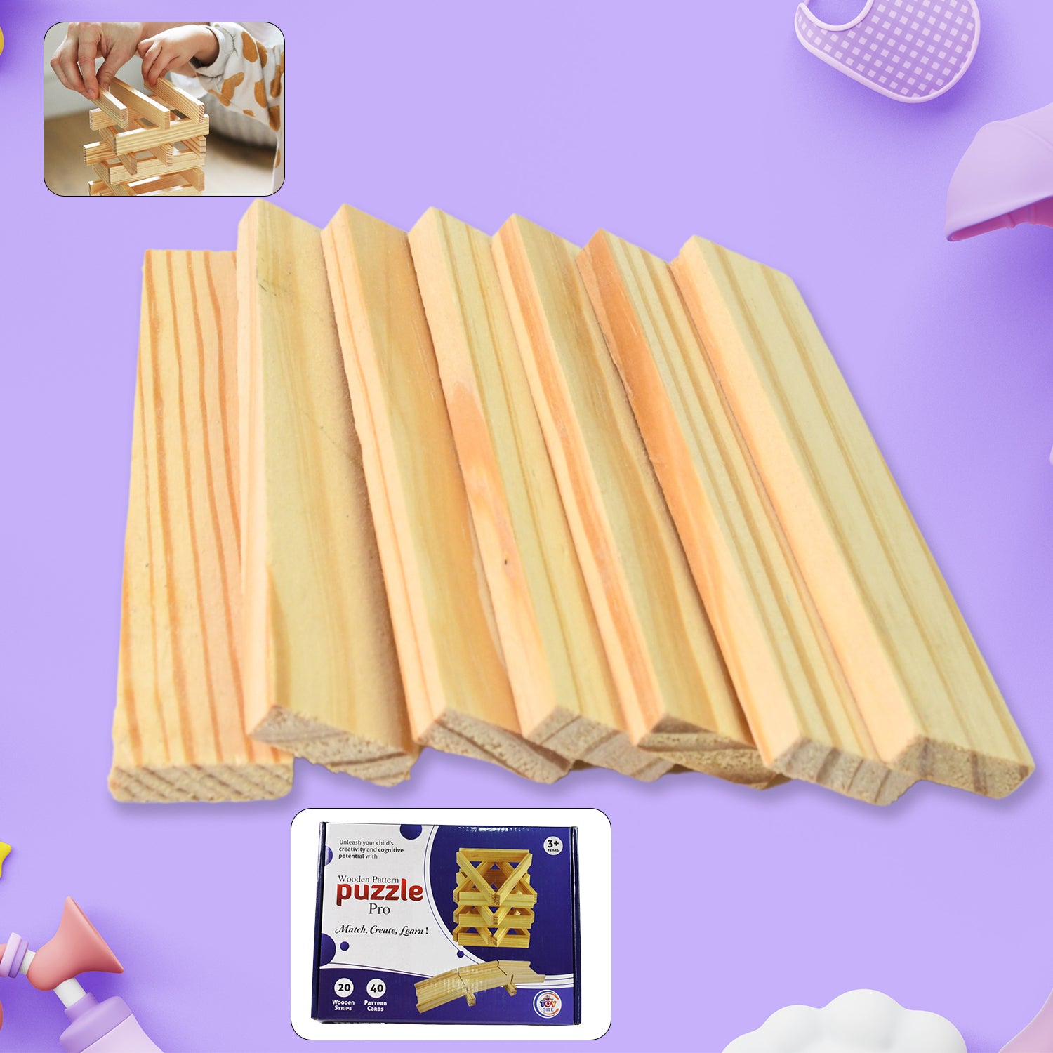 Wukusy wooden pattern brain puzzles set with 20 wooden strips and 40 pattern cards for kids' educational play.