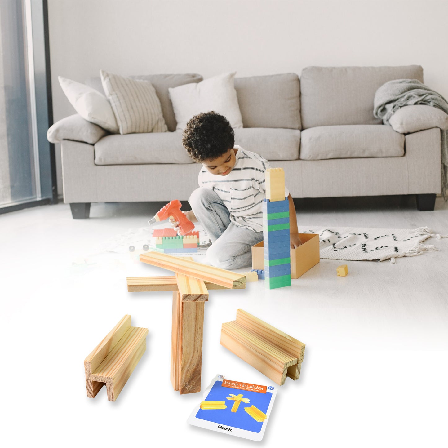 Wukusy wooden pattern brain puzzles set with 20 wooden strips and 40 pattern cards for children’s educational toys.