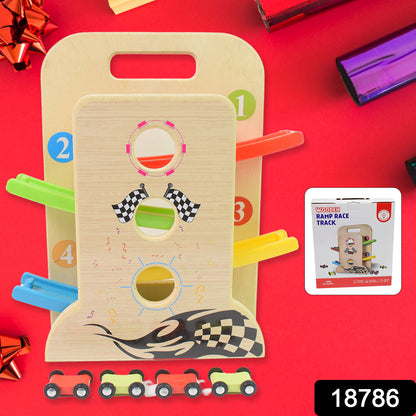 Wukusy wooden ramp racer toy set with four mini race cars and a handle, designed for kids to race and play on the wooden track.