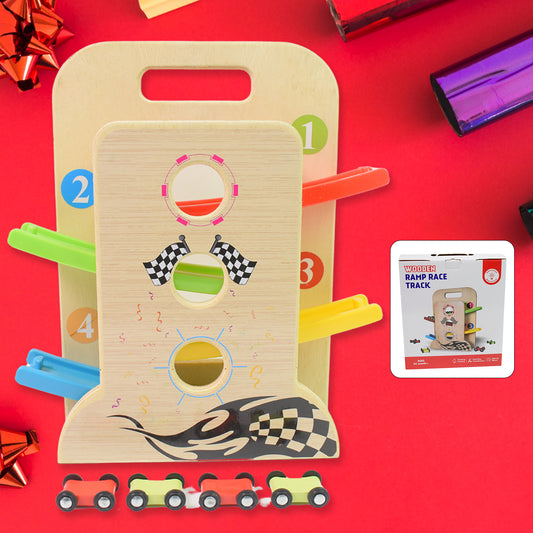 Wooden Ramp Racer toy race track set by Wukusy with four mini racers and a handle for easy play and transportation.