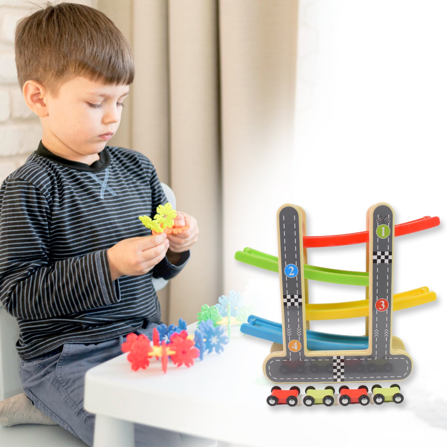 Wukusy wooden ramp racer toy set with four mini race cars and a handle for easy carrying, designed for children's imaginative play.