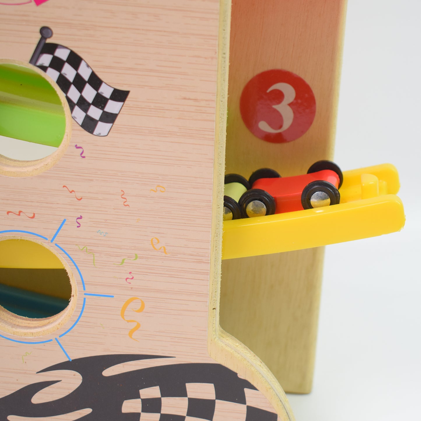 Wukusy wooden ramp racer toy set with four mini race cars and a handle for easy carrying, perfect for kids' play and racing fun.