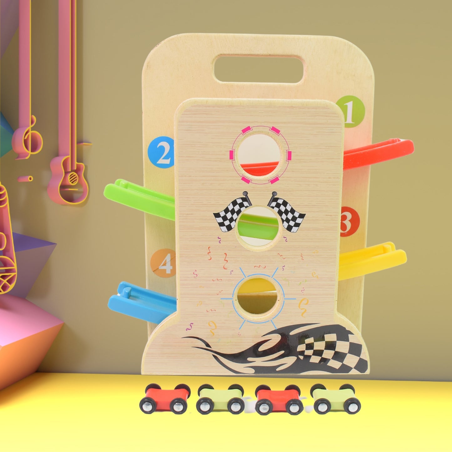Wukusy wooden ramp racer toy set with four mini race cars and a handle for easy carrying, designed for kids' active play.