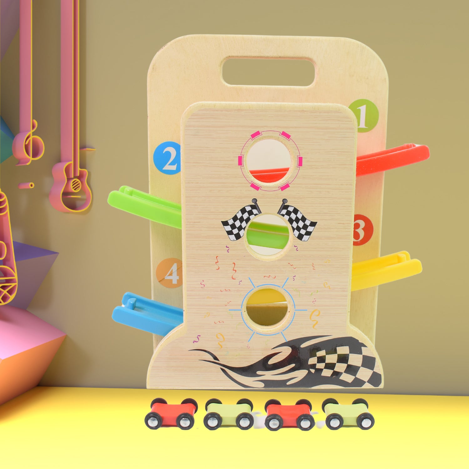 Wukusy wooden ramp racer toy set with four mini race cars and a handle for easy carrying, designed for kids' active play.