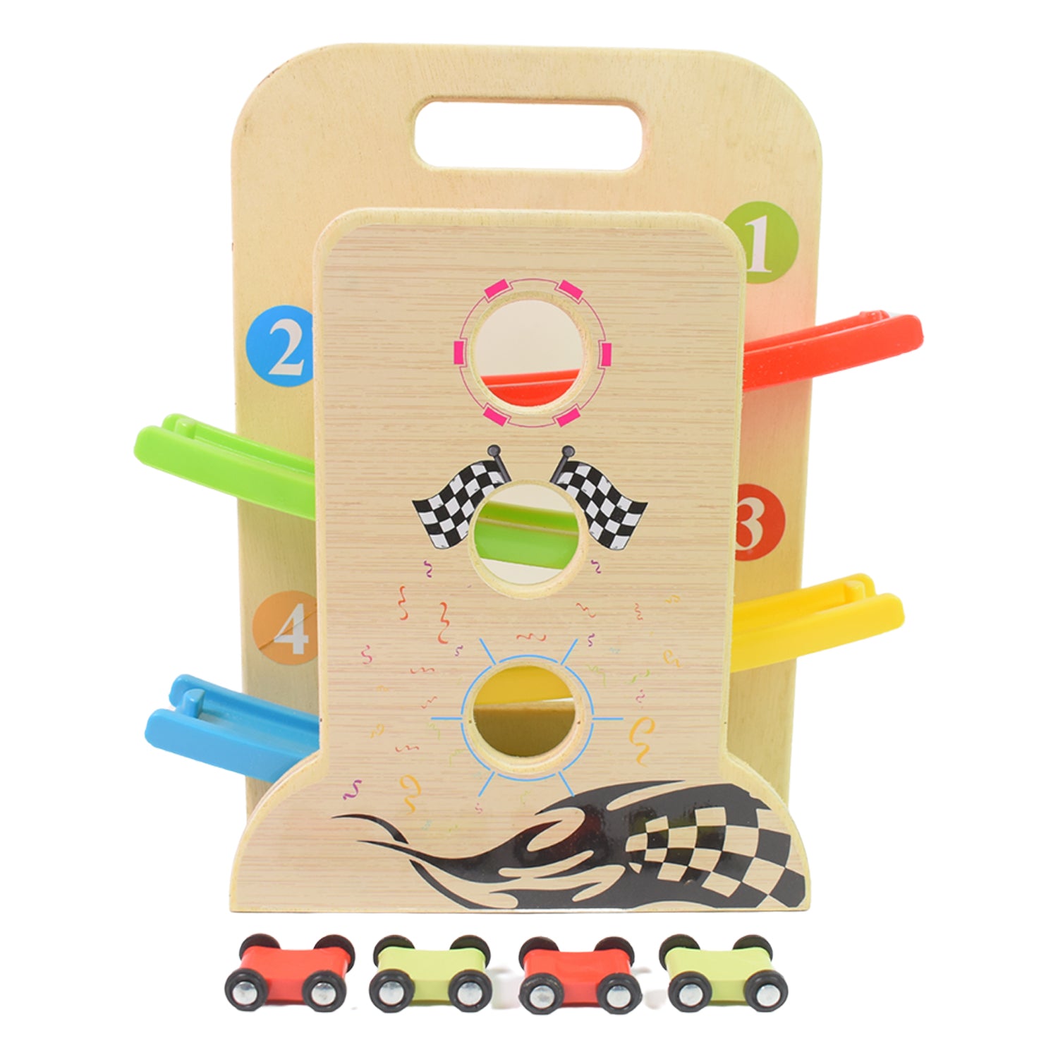 Wukusy wooden ramp racer toy set with four mini race cars and a handle for easy play and transportation.