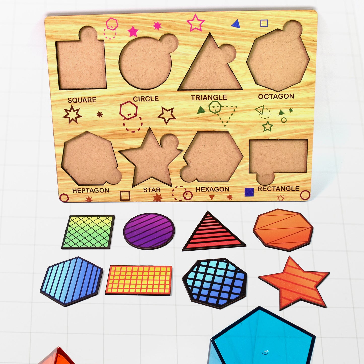 Wukusy wooden triangles puzzle educational toy set with colorful geometric shapes on a learning board for kids.