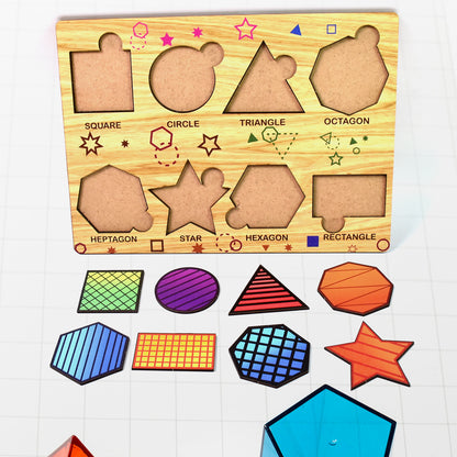 Wukusy wooden triangles puzzle educational toy set with colorful geometric shapes on a learning board for kids.