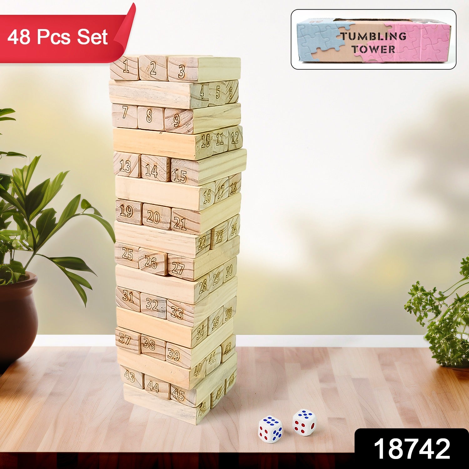Wukusy wooden tumbling stacking tower game with 48 blocks and 2 dice, colorful kids' toy for stacking and balancing fun.