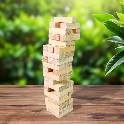 Wukusy wooden tumbling stacking tower game with 48 blocks and 2 dice, colorful wooden toy for children.