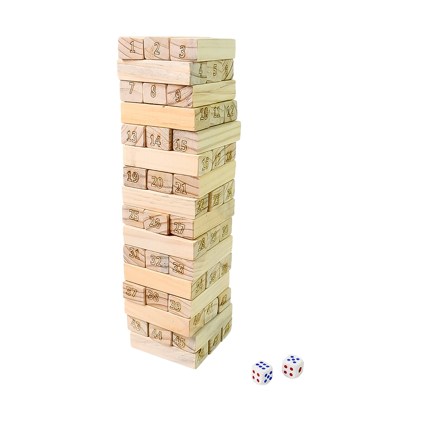 Wooden tumbling stacking tower game by Wukusy with 48 colorful blocks and 2 dice, designed for kids' fun and skill development.
